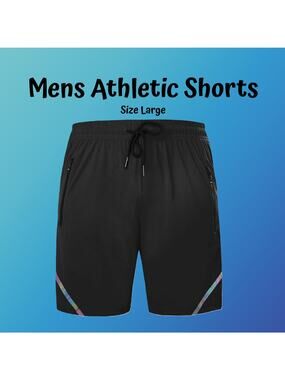 Mens Large Black Quick Dry Stretch Athletic Shorts with Waterproof Zipper Pocket
